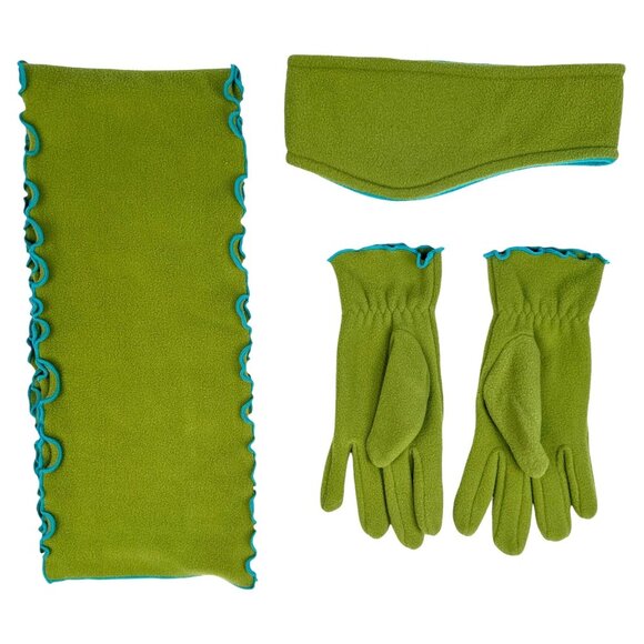 Scarf Gloves Headband 3 Piece Set ~ Green Blue Fleece Gloves Scarf Ear Warmers - Picture 4 of 8